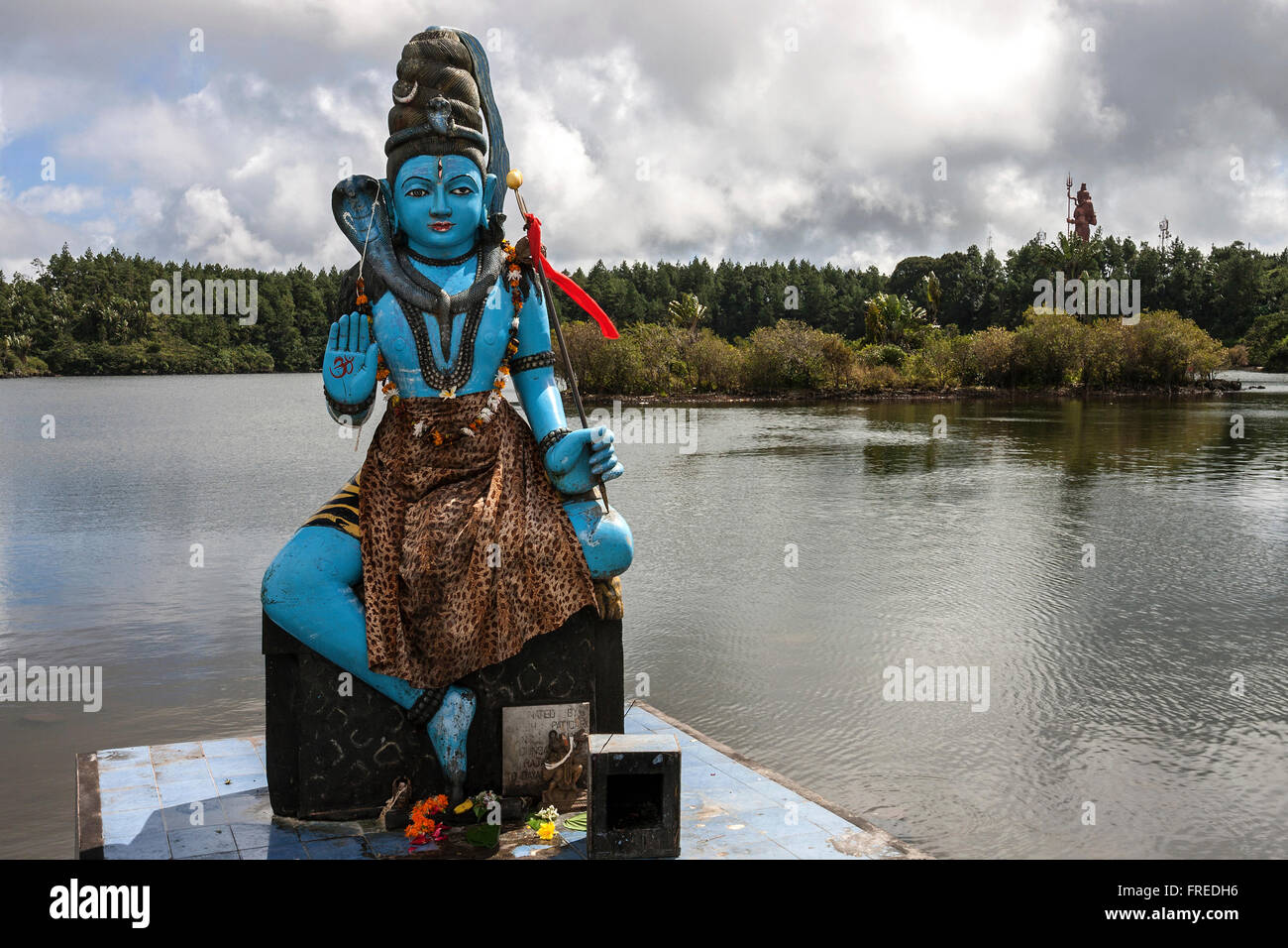 Statue of Shiva, Hindu god, sacred crater lake Grand Bassin or Ganga Talao, Mauritius Stock Photo