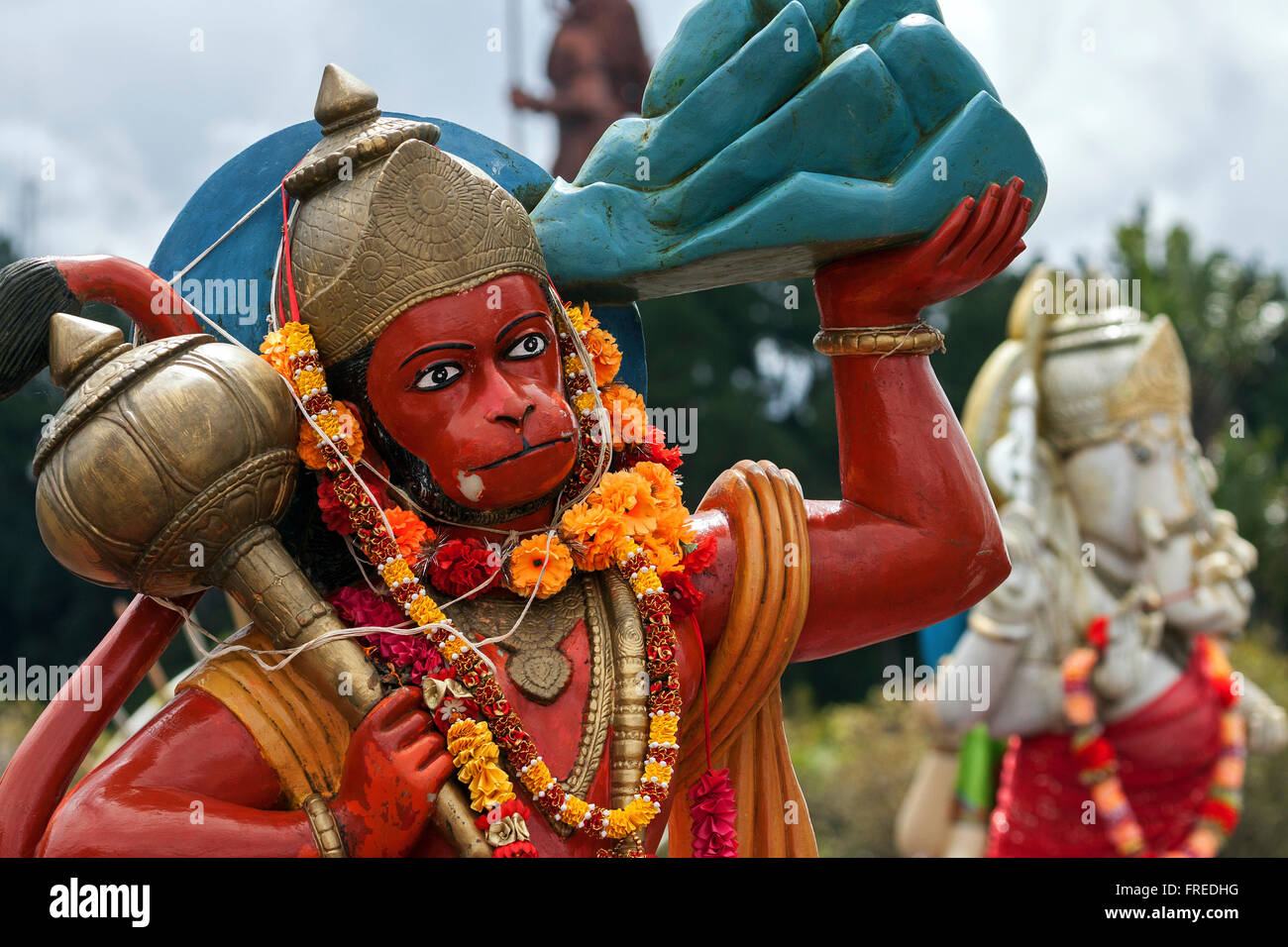 Statue of Hanuman, monkey god, sacred crater lake Grand Bassin or Ganga Talao, Mauritius Stock Photo