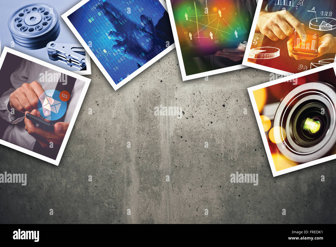 Modern computer information technology photo collage, stack of tech and internet themed pictures on concrete background with cop Stock Photo