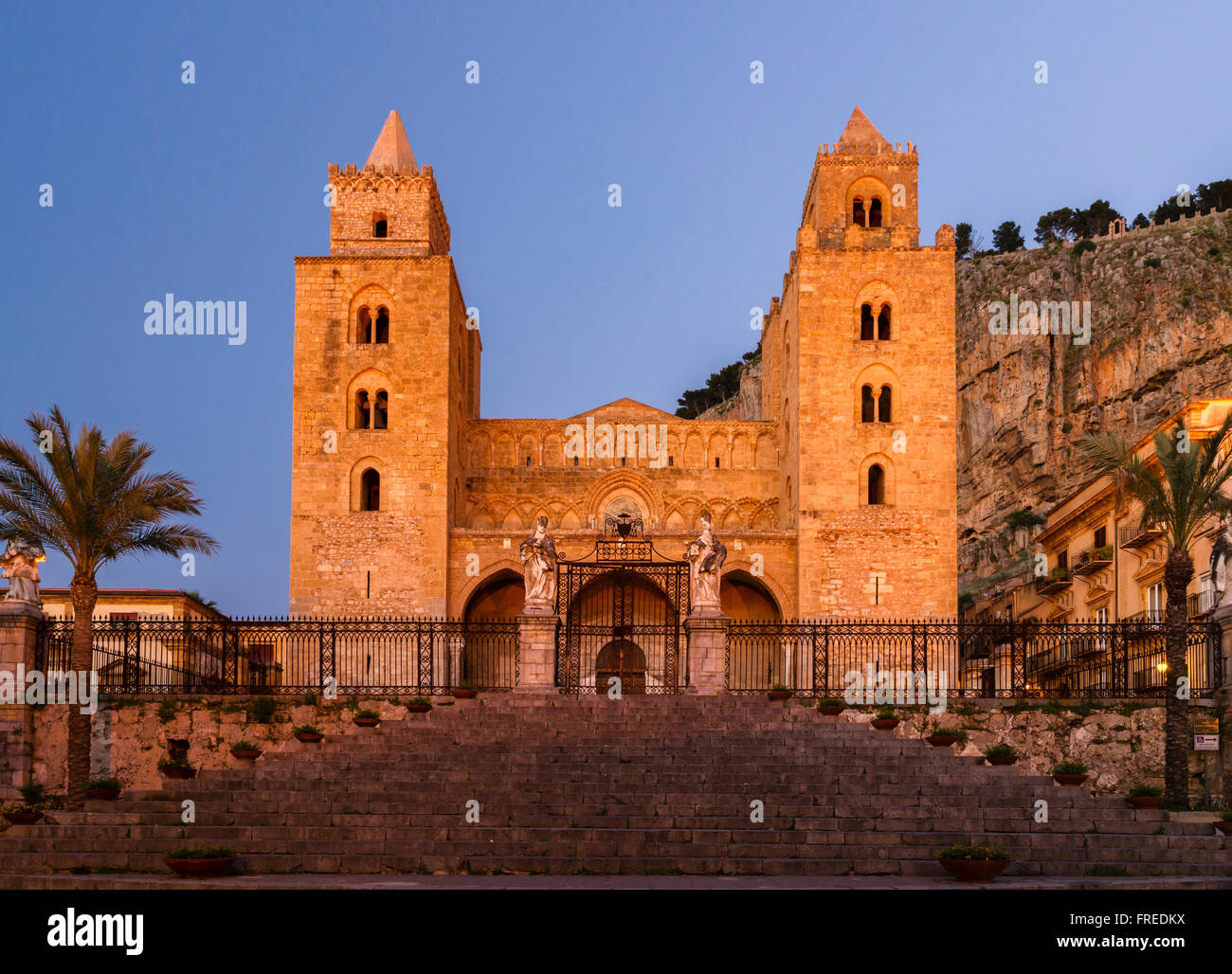 Dusk, cathedral Santissimo Salvatore, Cathedral of Cefalu, Province of Palermo, Sicily, Italy Stock Photo