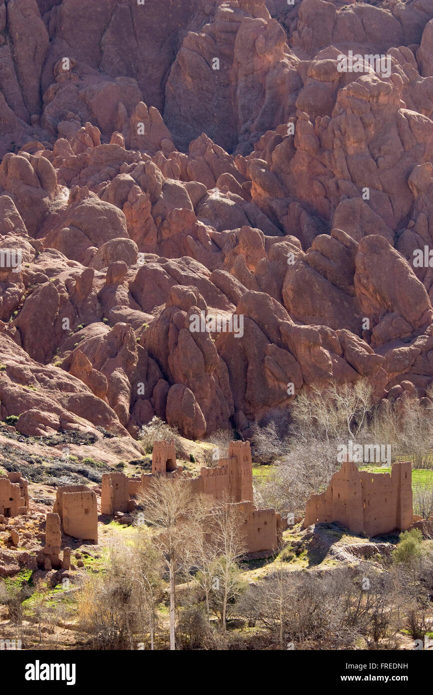 Ruined Kasbahs at the so-called Hills of Human Bodies in the Dadès Gorges, southern foothills of the High Atlas mountains Stock Photo