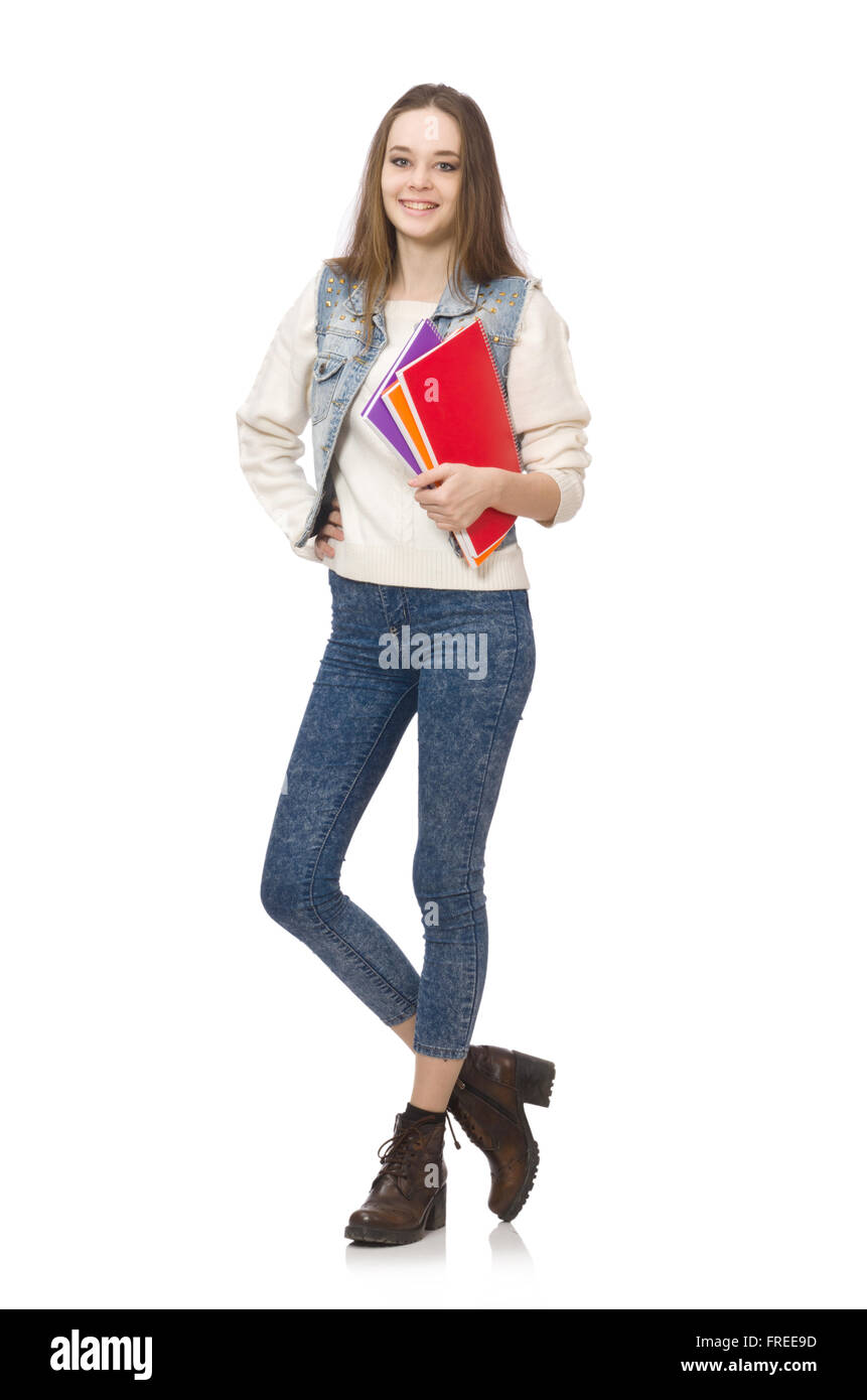 Pretty student holding textbooks isolated on white Stock Photo - Alamy