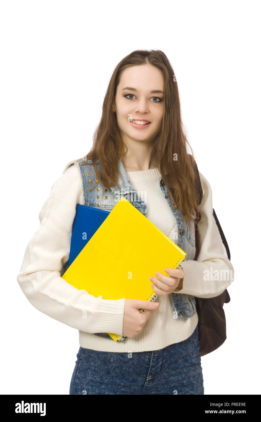 Pretty student holding textbooks isolated on white Stock Photo - Alamy