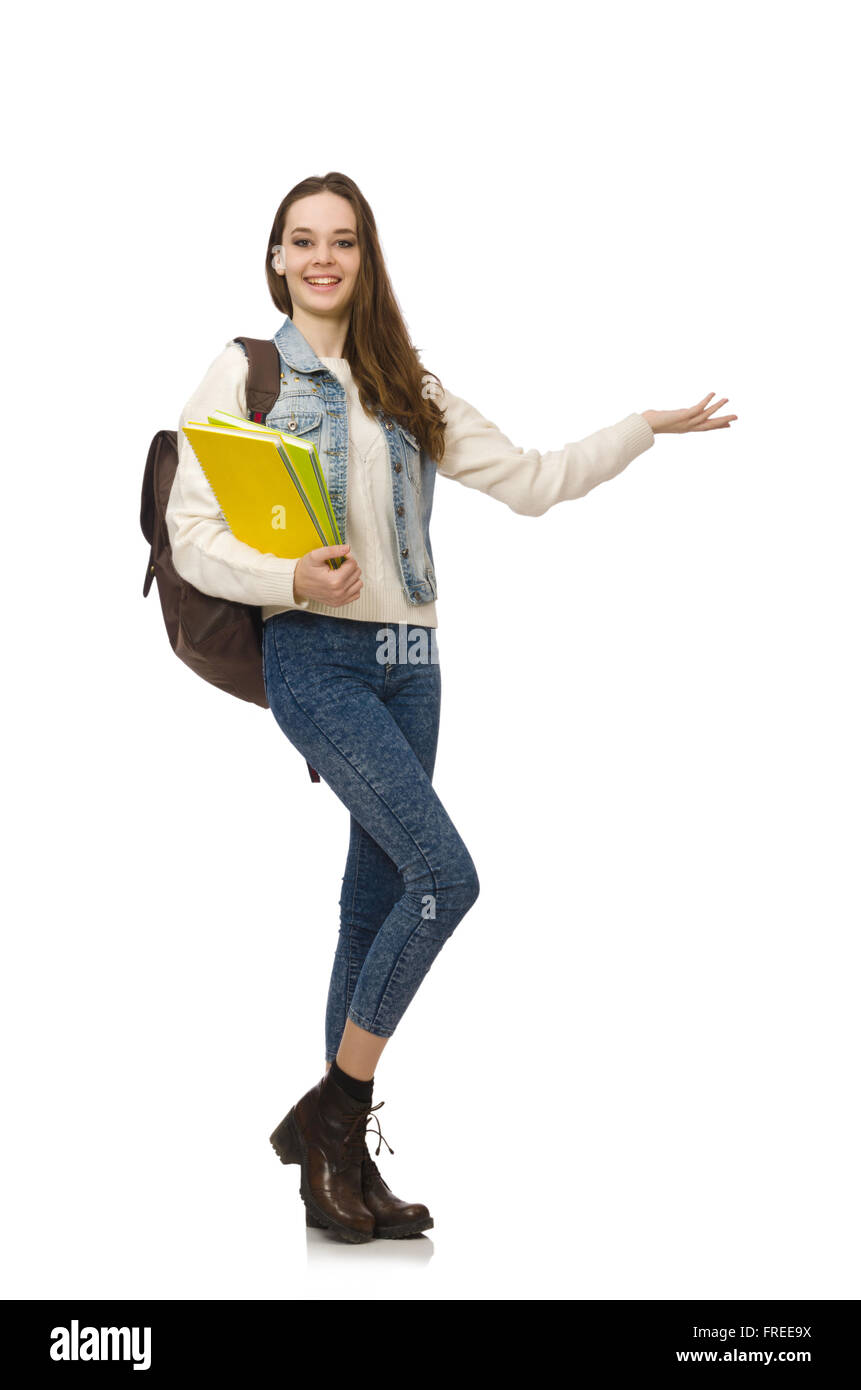 Pretty student holding textbooks isolated on white Stock Photo - Alamy