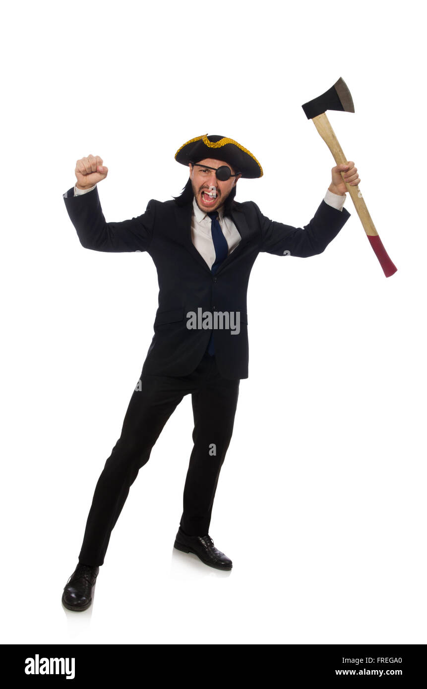 Pirate businessman with axe isolated on white Stock Photo Alamy