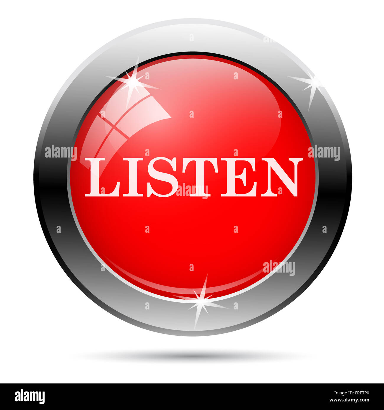 Metallic round glossy icon with white on red background Stock Photo - Alamy