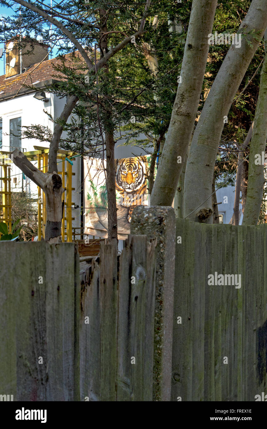 A rug with a picture of a tiger on it is left to dry on a washing line. Stock Photo