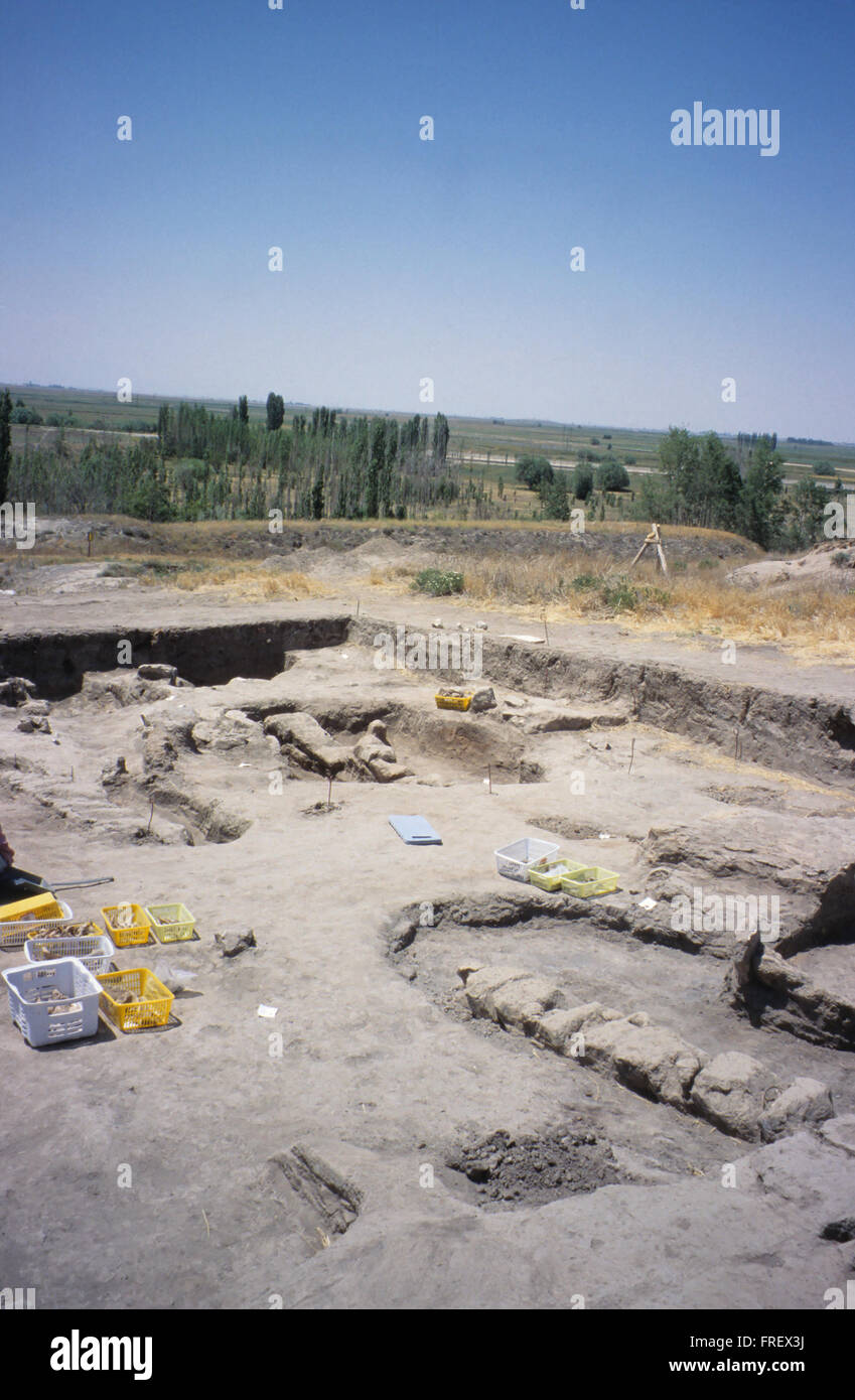 Early Neolithic site of Catalhoyuk under excavation on the Konya Plain, central Anatolia, Turkey Stock Photo