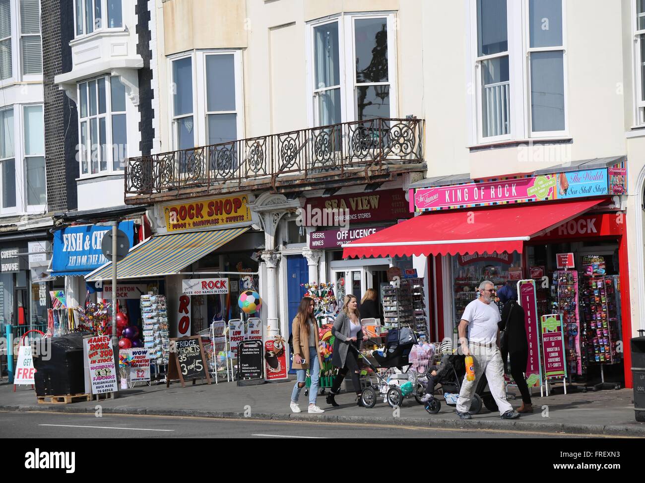 Tourist shops on Brighton seafront selling Brighton Rock and Fish and