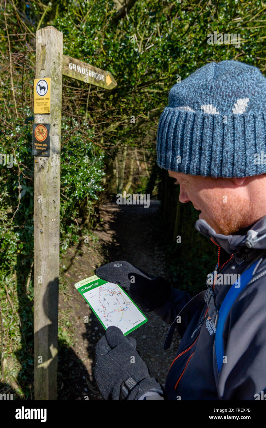 Male walker checking his card map at the start of the Edale/Kinder Scout walk. Stock Photo