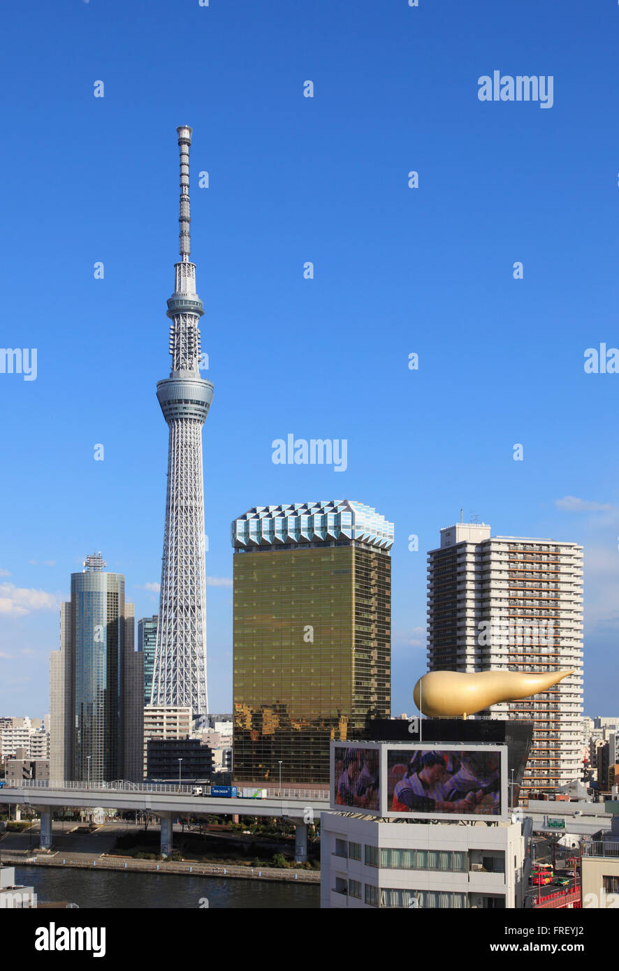 Japan, Tokyo, Sky Tree, Asahi Building, skyline, Stock Photo