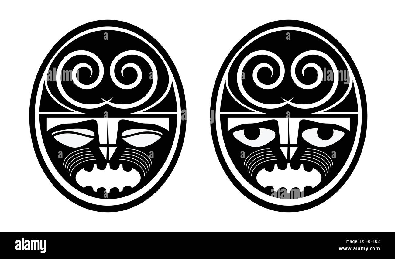 Blank Maory - Polinesian Masks Tattoo Sketch Isolated on White Stock Vector
