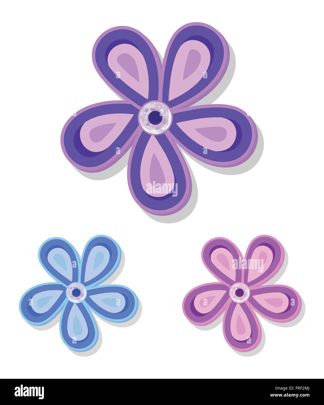 Set of Three Simple Decorative Flowers purple, pink, blue Stock Vector