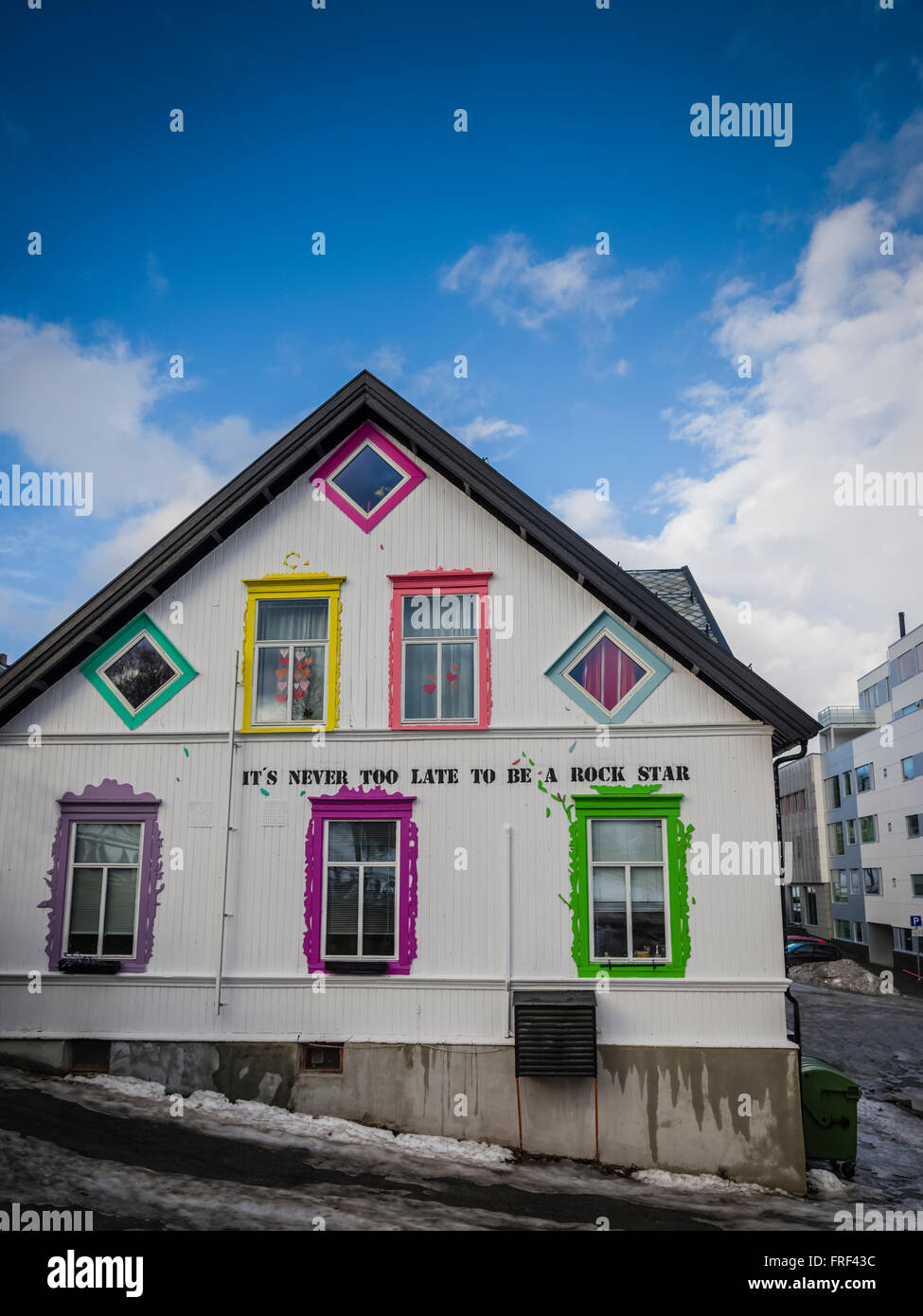 "It's never too late to be a rockstar" building, Tromso, Norway. Stock Photo