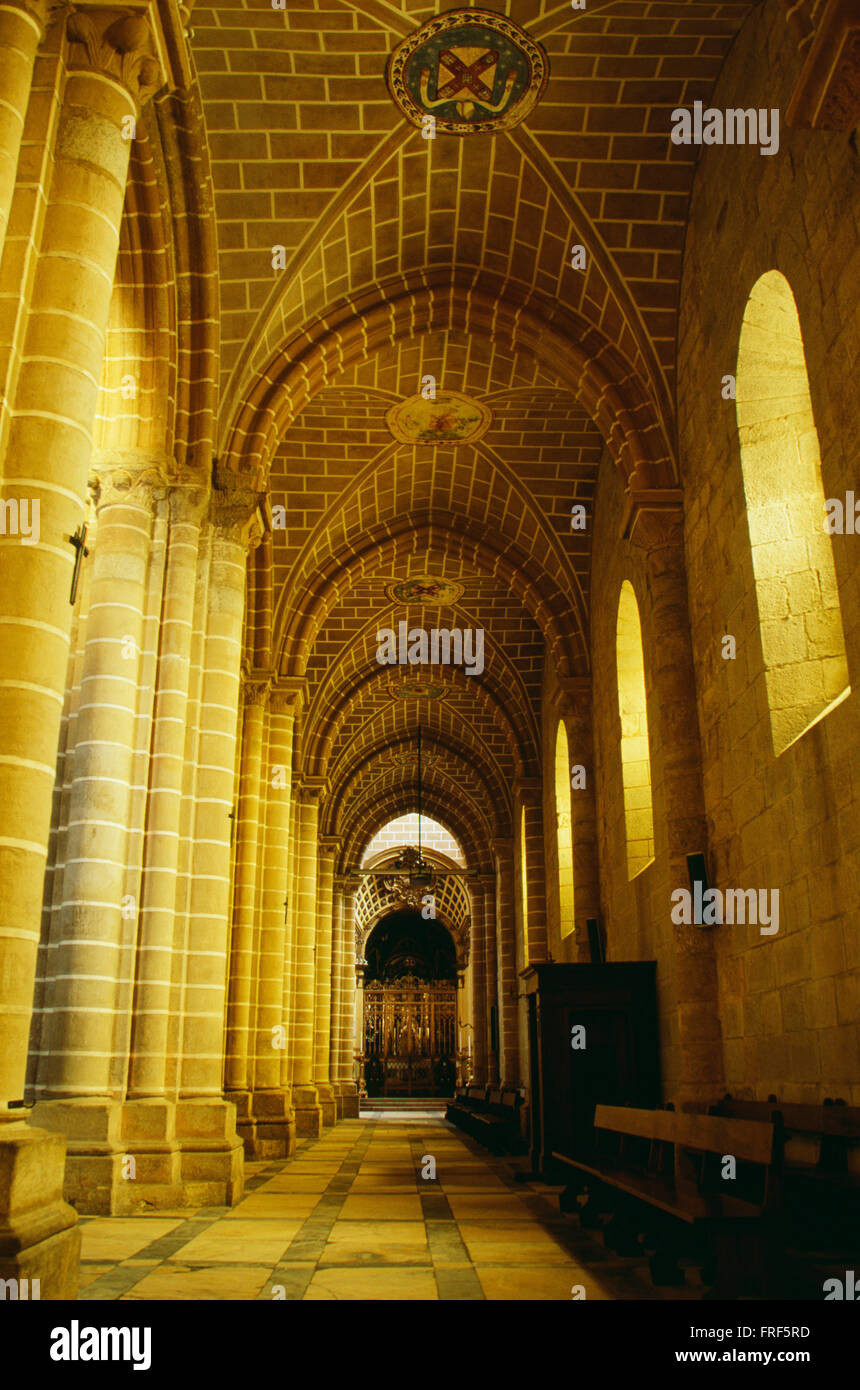 Aisle in a European Romanesque Cathedral Stock Photo