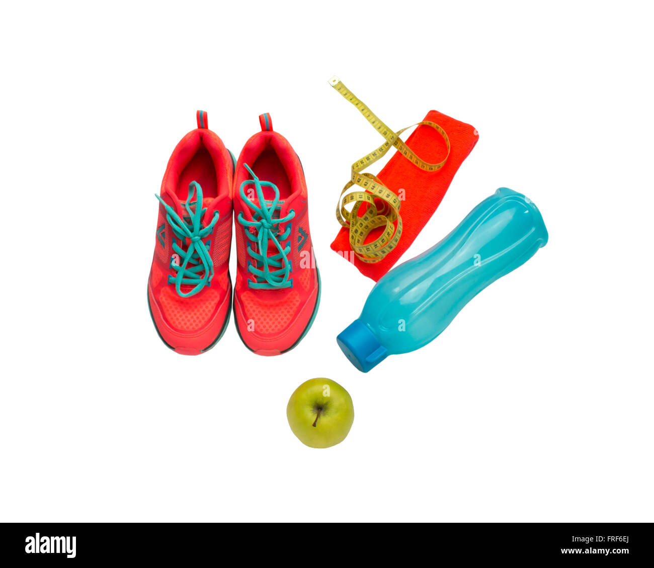 Top view sport equipment. Healthy life and healthy food concept Stock