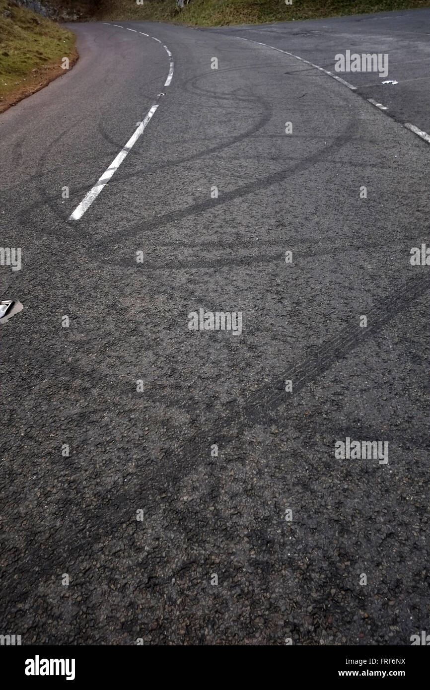 Skid marks left on the road by drivers drifting their cars in Cheddar Gorge in Rural Somerset. March 2016 Stock Photo