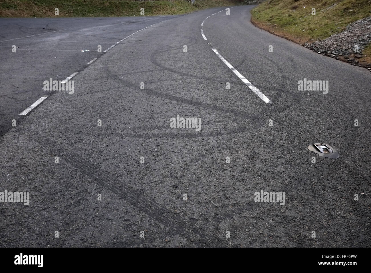 Skid marks left on the road by drivers drifting their cars in Cheddar Gorge in Rural Somerset. March 2016 Stock Photo