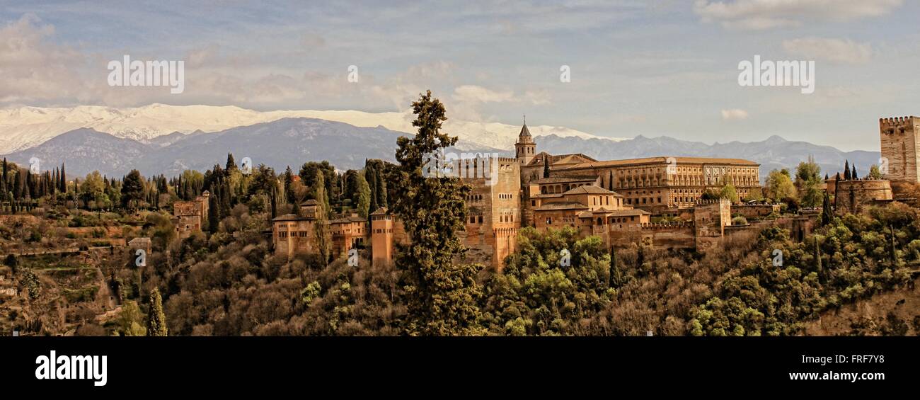 Andalucia,Spain -  20/04/2012  -  Spain / Andalusia / Granada  -  Alhambra PAlace seen from the San Nicola Mirador, Albaicin     Stock Photo