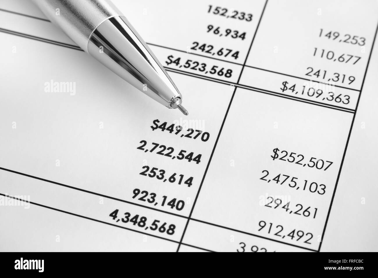 Financial statements. Ballpoint pen on financial statements. Black and white image. Close up. Stock Photo