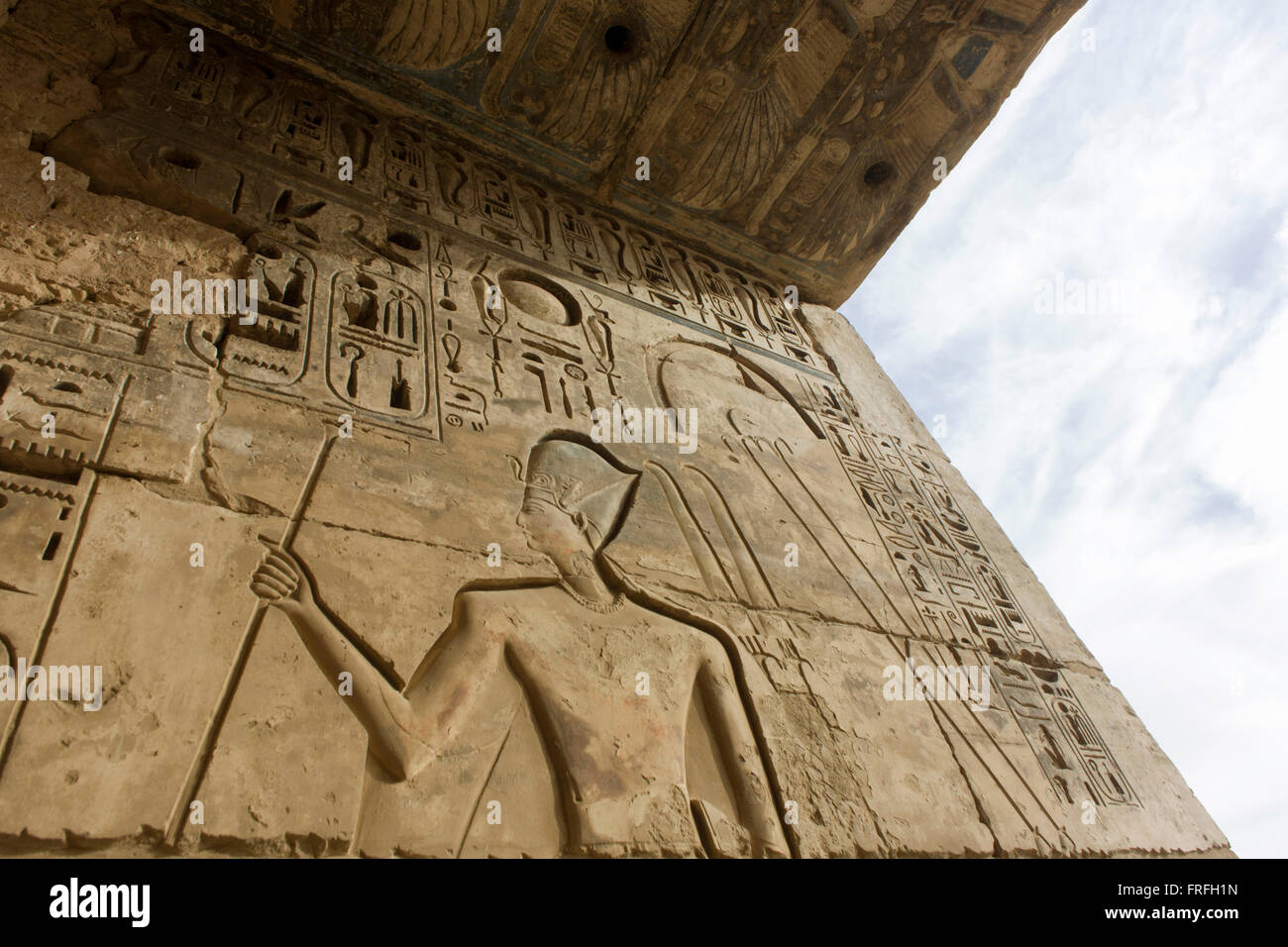 Hieroglyphs on the first pylon at the ancient Egyptian site of Medinet ...