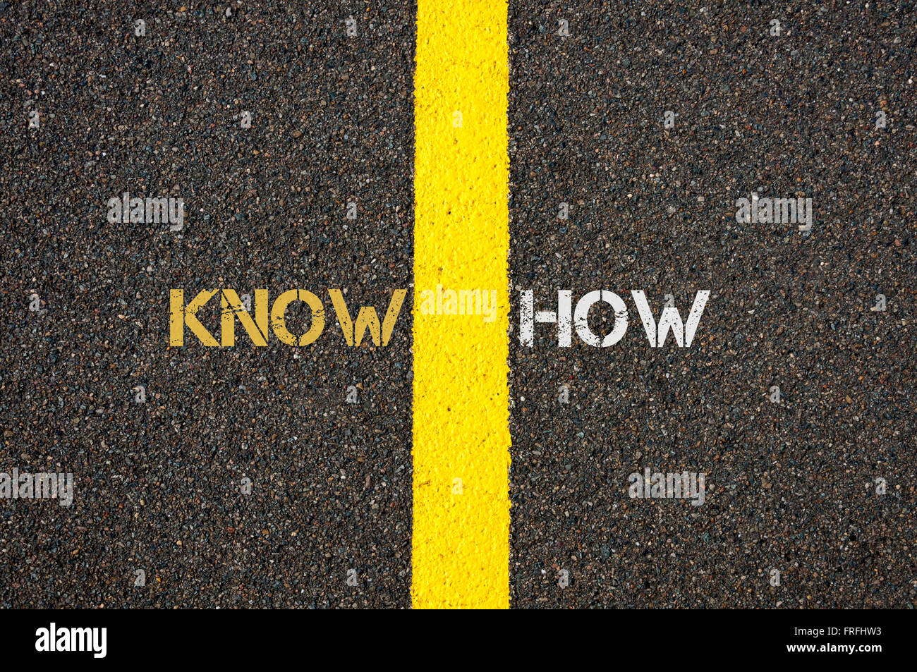 Road marking yellow paint dividing line between KNOW and HOW as word KNOWHOW, business concept Stock Photo