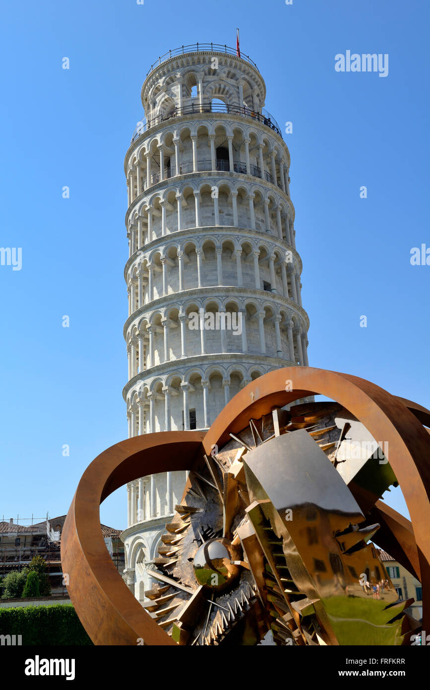 Modern Art Sculpture, Leaning Tower, Torre Pendente, Piazza del Duomo, Cathedral Square, Campo dei Miracoli, Square of Miracles Stock Photo
