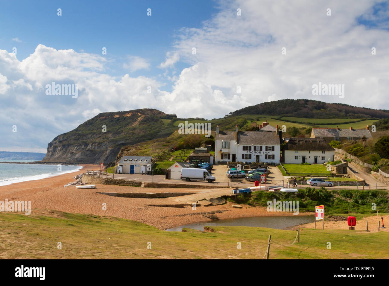 looking down on to the Anchor Inn at Seatown on the Jurassic Coast