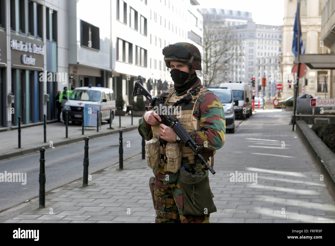 Brussels, Belgium. 22nd Mar, 2016. Belgian army deployed near the Maalbeek metro station where a bomb exploded during morning rush hour, Brussels, Belgium Credit:  Rey T. Byhre/Alamy Live News Stock Photo