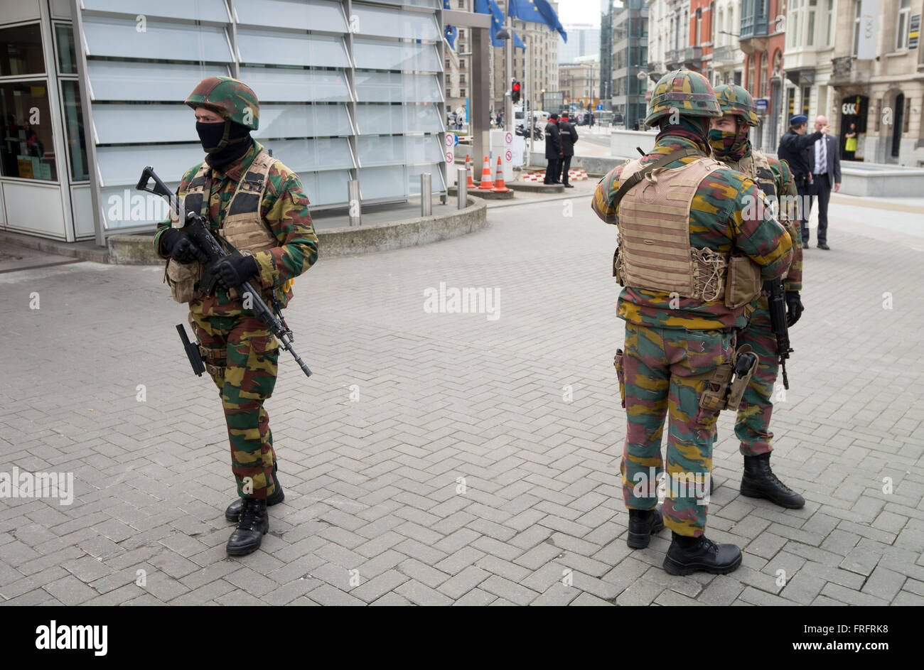 Brussels, Belgium. 22nd Mar, 2016. Security forces on patrol in