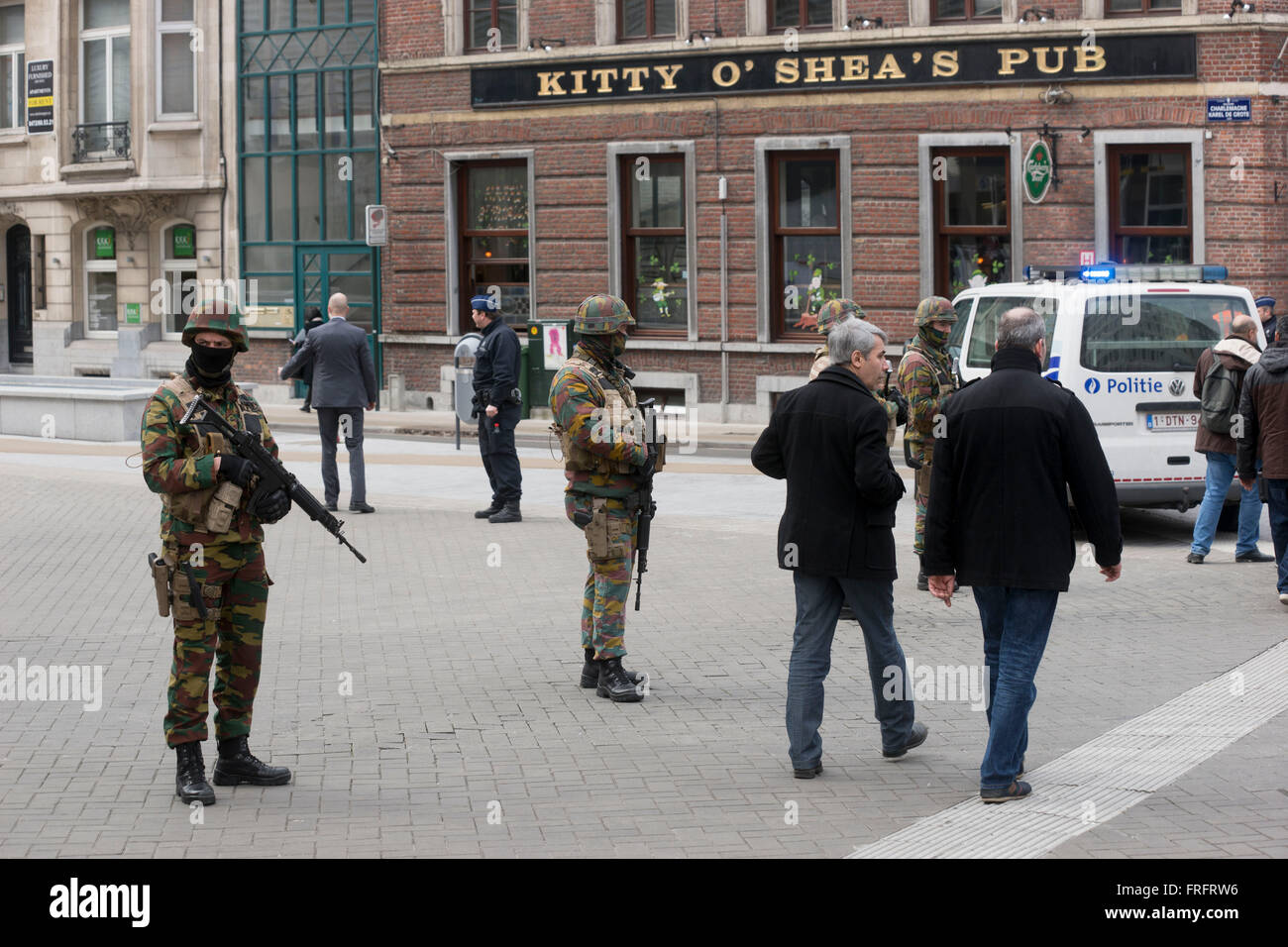 Brussels, Belgium. 22nd Mar, 2016. Security forces on patrol in