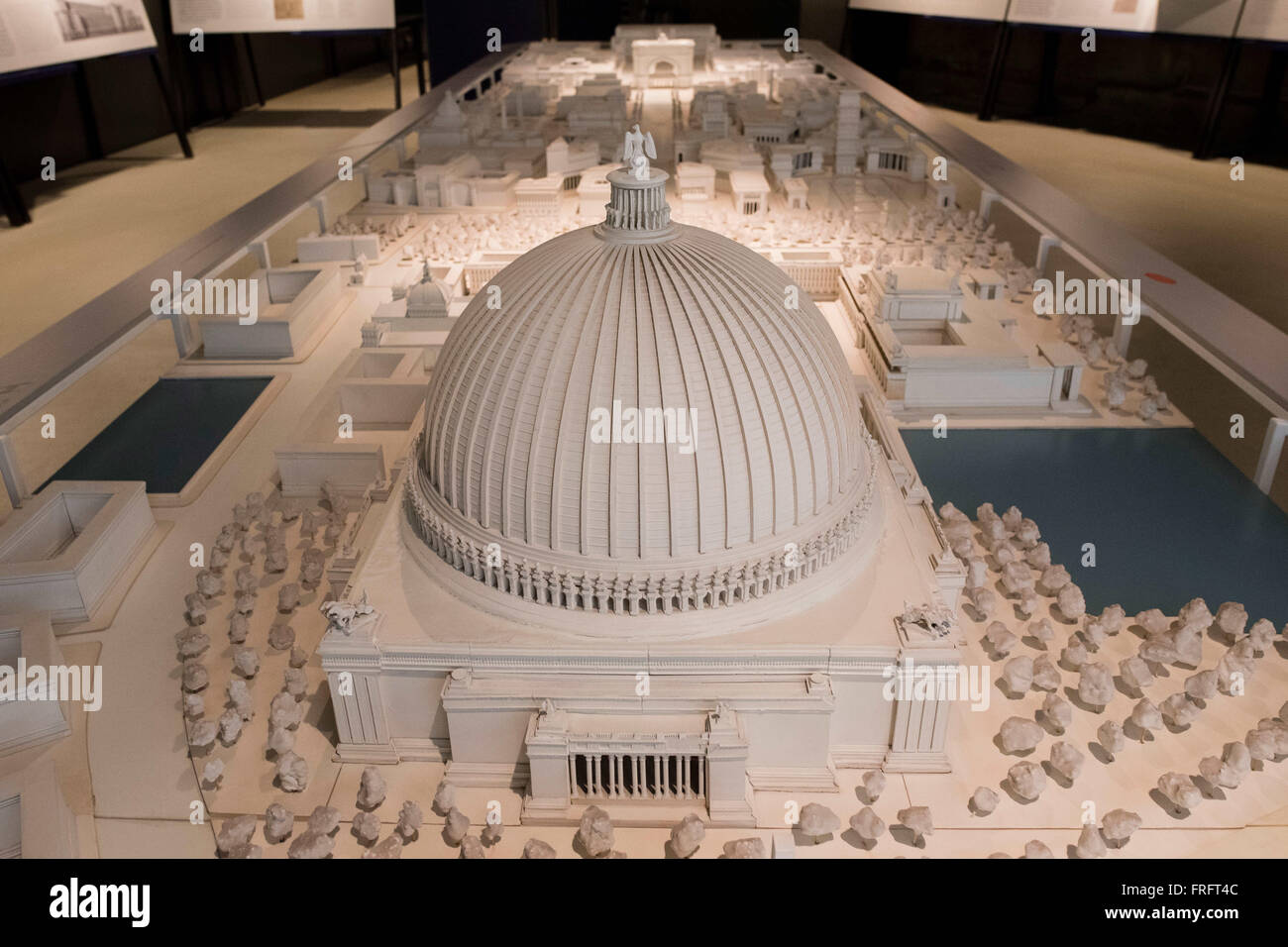 Berlin, Germany. 22nd Mar, 2016. A model of the 'great hall' at the north-south axis of the planned city of Germania, by Nazi architect Albert Speer, in the form of an original film set from the film Downfall, part of the exhibition Mythos Germania - Vision und Verbrechen at the Berliner Unterwelten museum in Berlin, Germany, 22 March 2016. PHOTO: GREGOR FISCHER/DPA/Alamy Live News Stock Photo