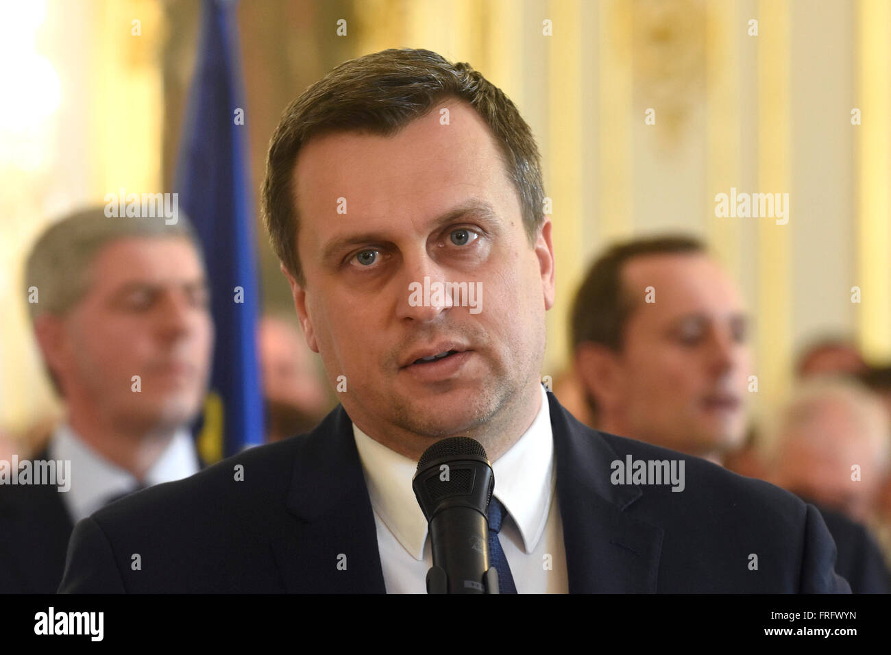 Bratislava, Slovakia. 22nd Mar, 2016. The chairmen of four Slovak political parties Radoslav Prochazka, Bela Bugar, Robert Fico, Andrej Danko (pictured) signed a coalition agreement today following a recent general election. Prime Minister Robert Fico's Smer-Social Democracy (Smer-SD) will have the strongest representation in the government in Bratislava, Slovakia, March 22, 2016. © Martin Mikula/CTK Photo/Alamy Live News Stock Photo