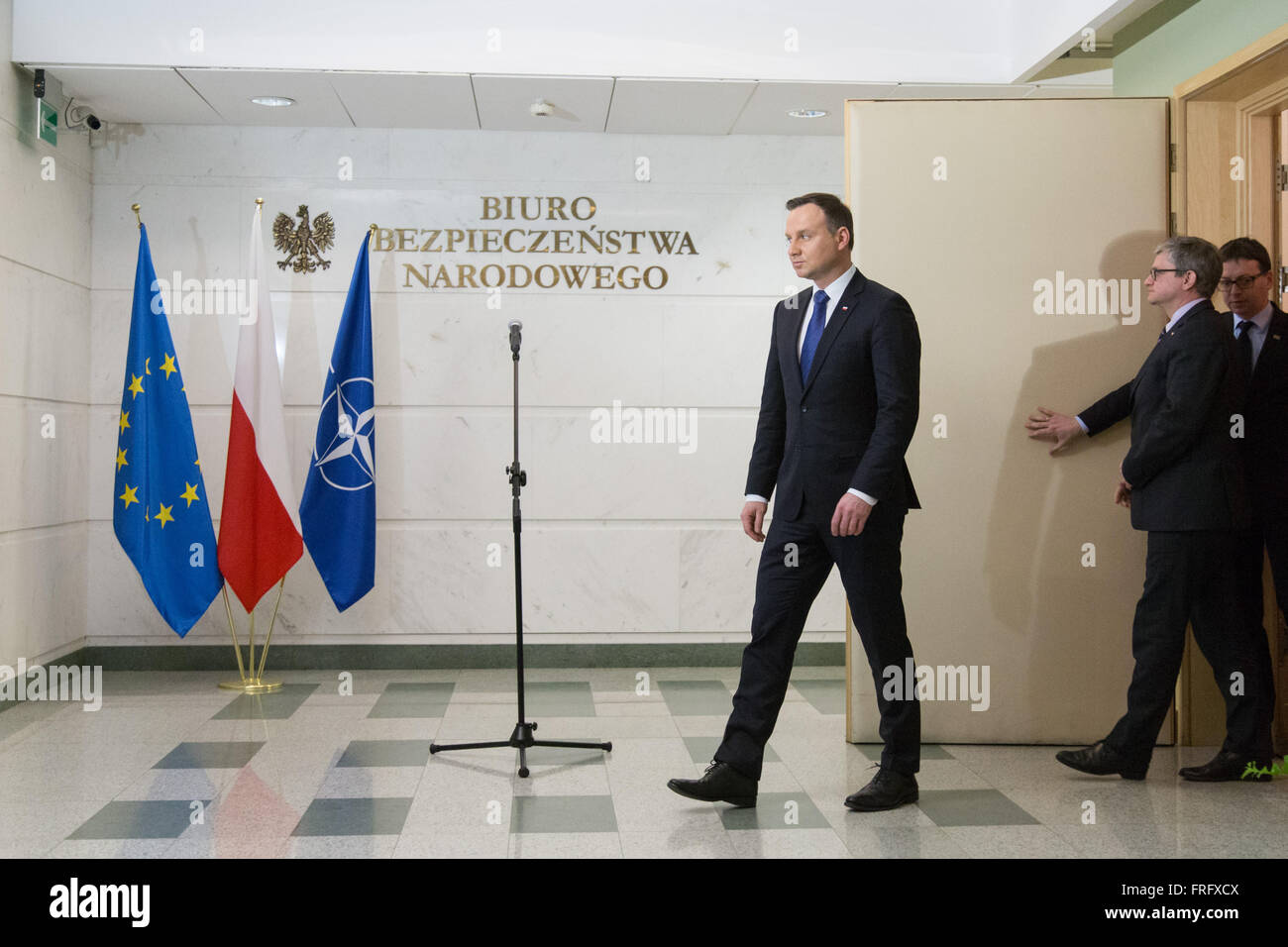 Warsaw, Poland. 22nd Mar, 2016. President of Poland Andrzej Duda during the statement after meeting with Special Services Coordinator, Internal Security Agency and Intelligence Agency about terrorist attacks in Brussels and dangers for Poland. © Mateusz Wlodarczyk/Pacific Press/Alamy Live News Stock Photo