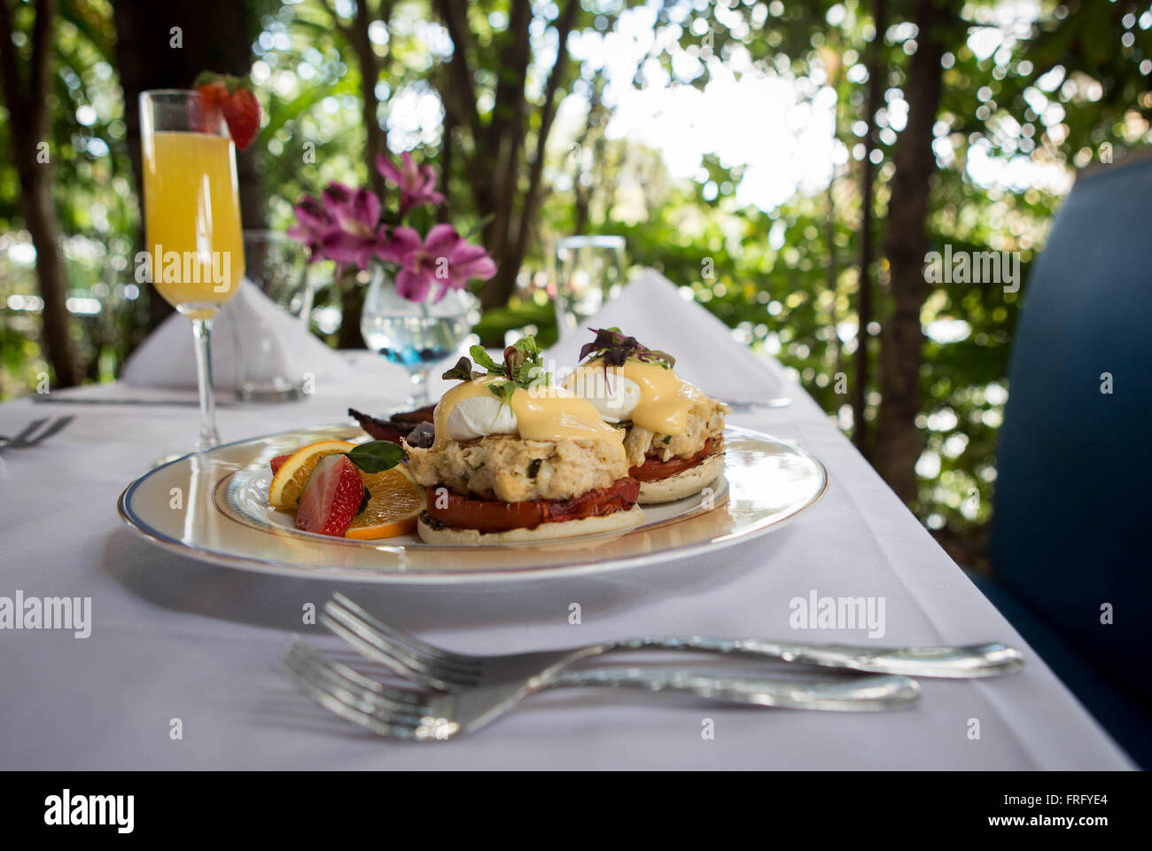 West Palm Beach, Florida, USA. 22nd Mar, 2016. Ocean Bleu Eggs Benedict, crab, grilled heirloom tomatoes, and tricolor potato medley, with a side of Millionaires Bacon. Ocean Bleu was voted best brunch spot in Palm Beach County by Palm Beach Post readers. © Allen Eyestone/The Palm Beach Post/ZUMA Wire/Alamy Live News Stock Photo