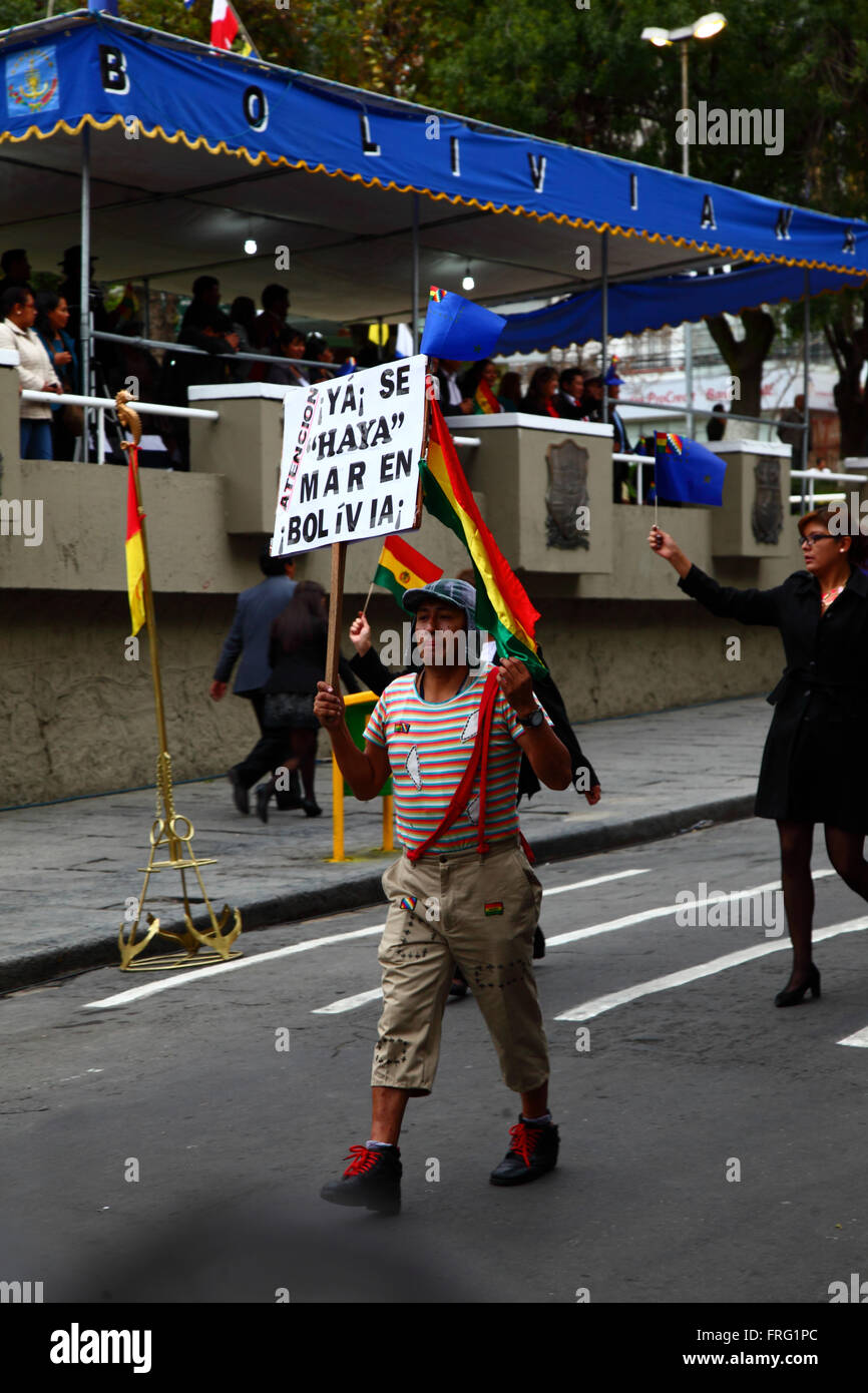 La Paz, Bolivia - March 22 2016: A man dressed up as the famous Mexican TV character El Chavo from the popular sitcom El Chavo del Ocho takes part in parades during events to commemorate the Day of the Sea / Dia del Mar. Every year on March 23rd Bolivia celebrates the Day of the Sea, a patriotic event to remember the loss of its coastal Litoral Province as a result of the War of the Pacific with Chile. Credit:  James Brunker / Alamy Live News Stock Photo