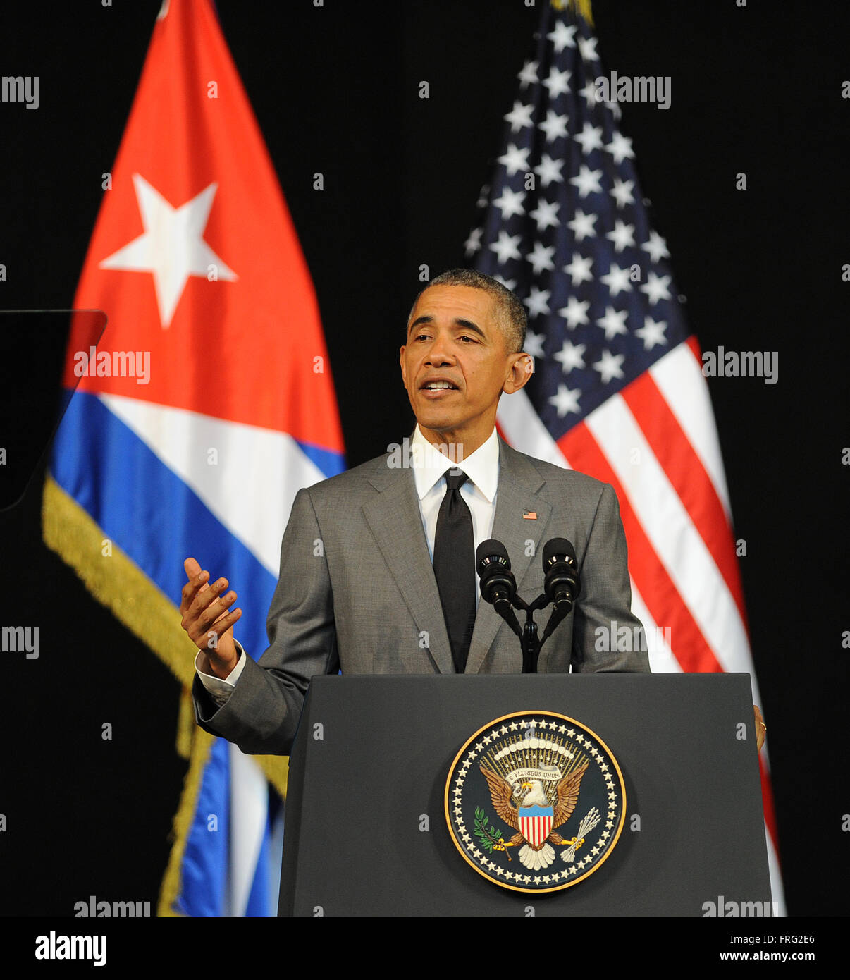 Havana, Cuba. 22nd March, 2016. U.S. President Barack Obama addresses the Cuban people at the