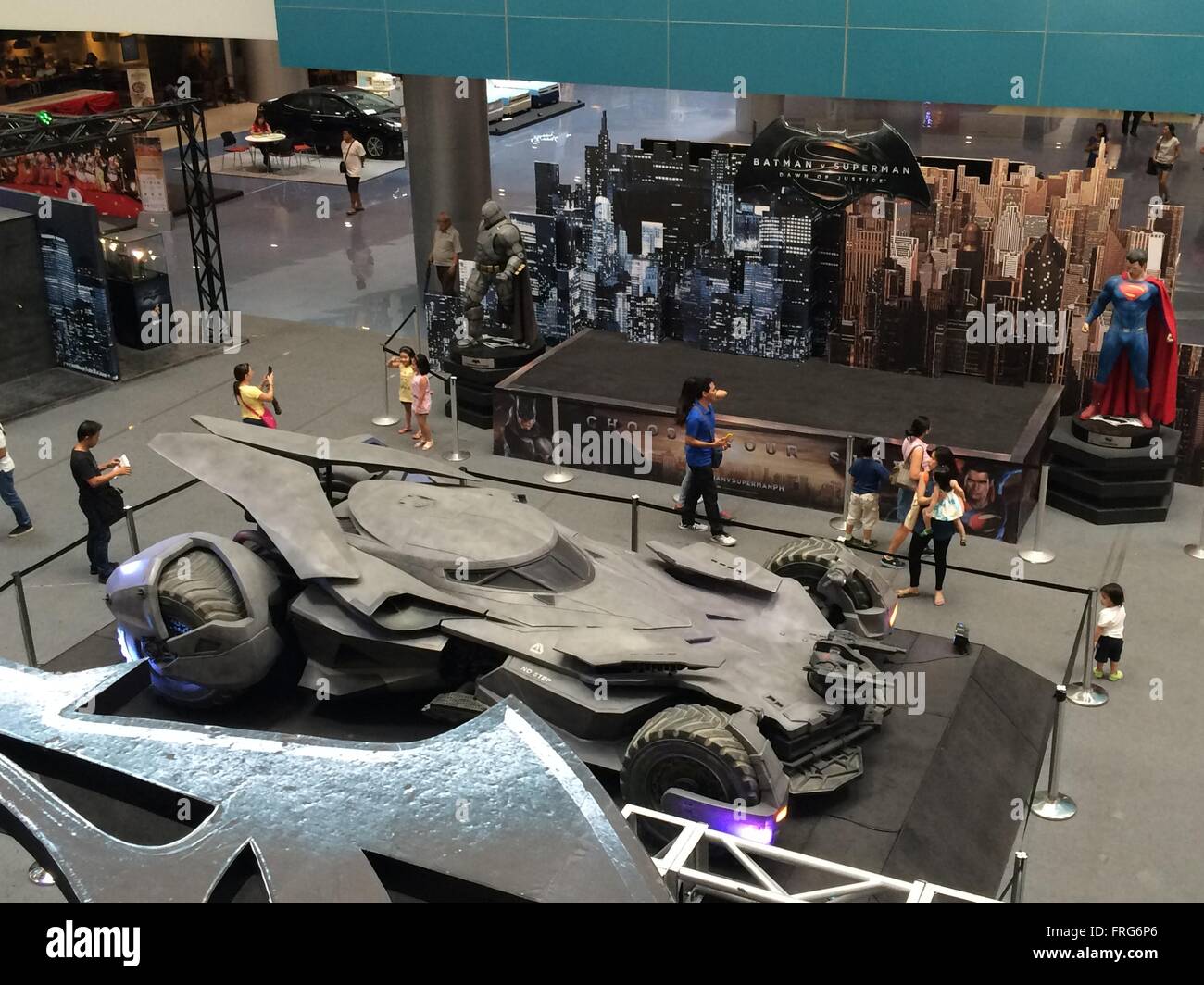 Quezon City Philippines. 23rd Mar 2016. Life size Batmobile was displayed inside SM North in Quezon City in time of the theater release of Batman Vs. Superman Dawn of Justice in Philippines. Credit