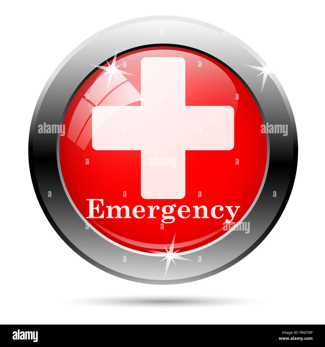 Metallic round glossy icon with white on red background Stock Photo - Alamy