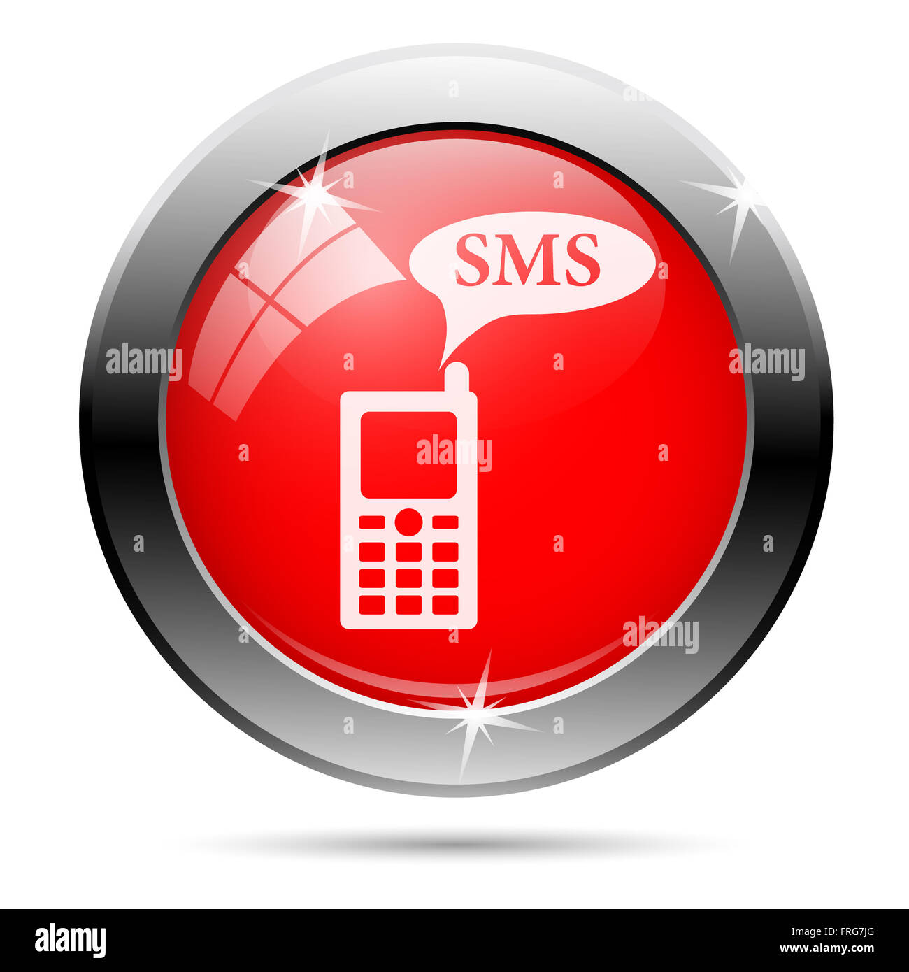 Metallic round glossy icon with white on red background Stock Photo - Alamy
