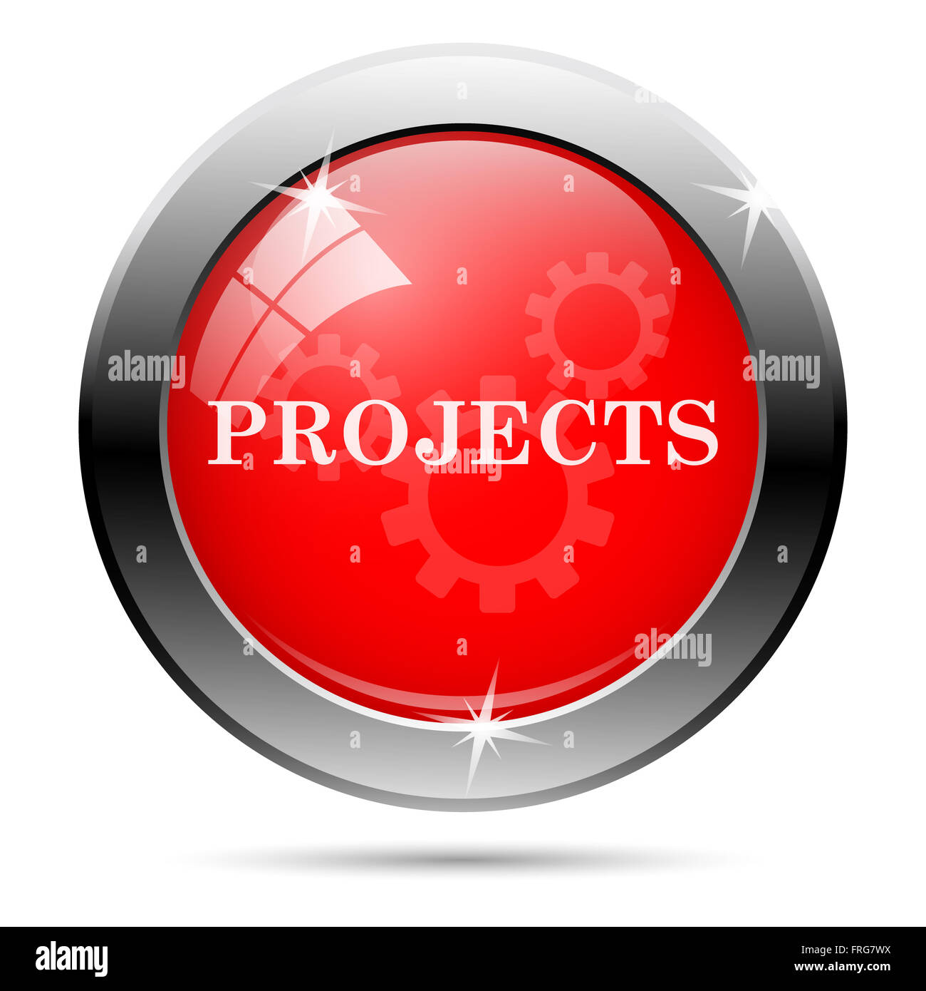 Metallic round glossy icon with white on red background Stock Photo - Alamy