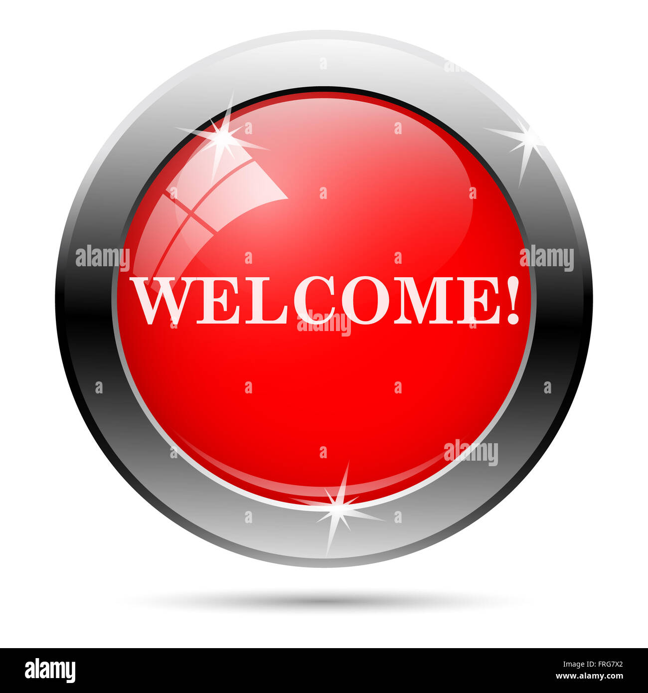 Metallic round glossy icon with white on red background Stock Photo - Alamy