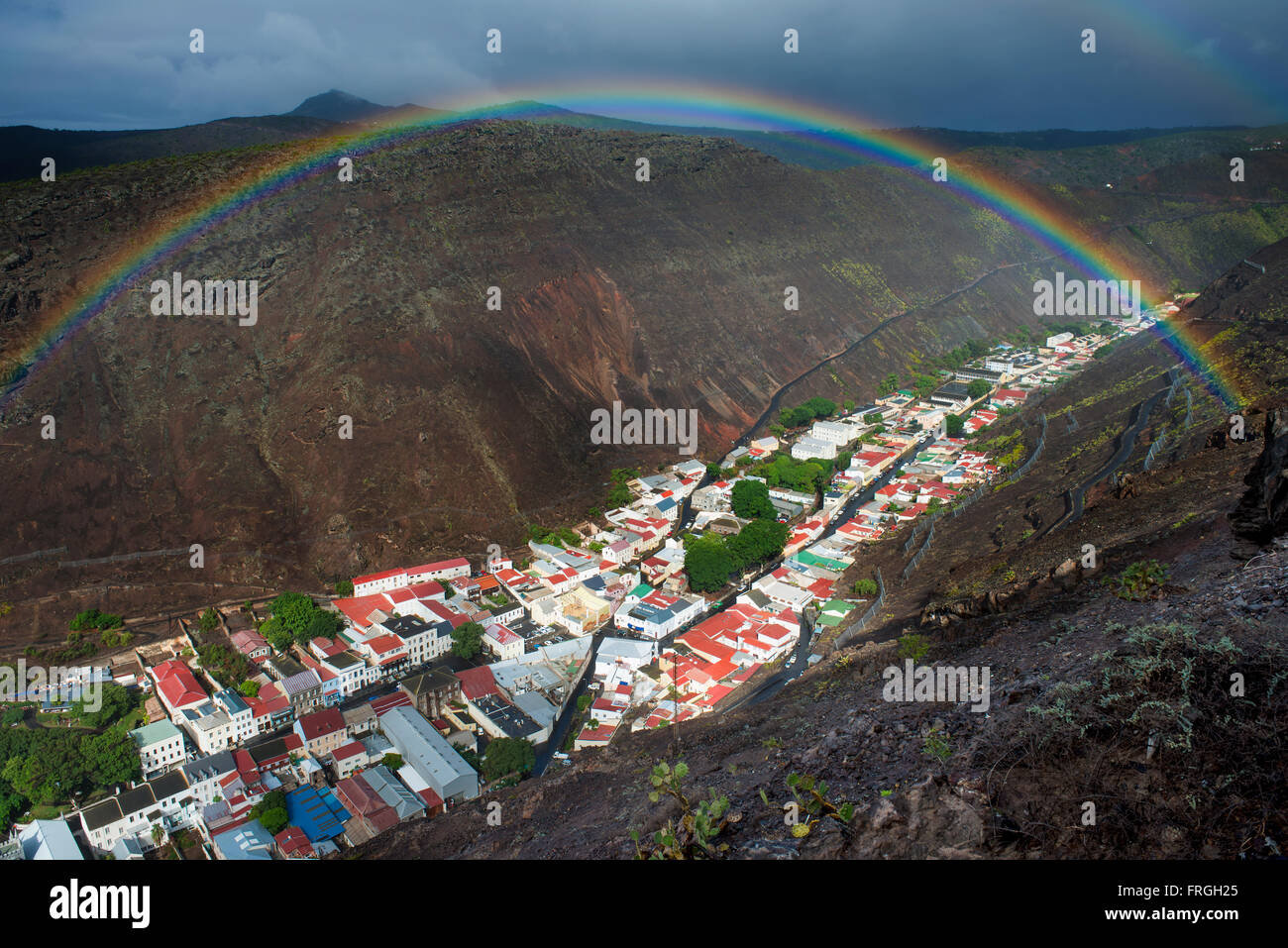 Rainbow over Jamestown, the capital of St Helena island in the south Atlantic ocean Stock Photo