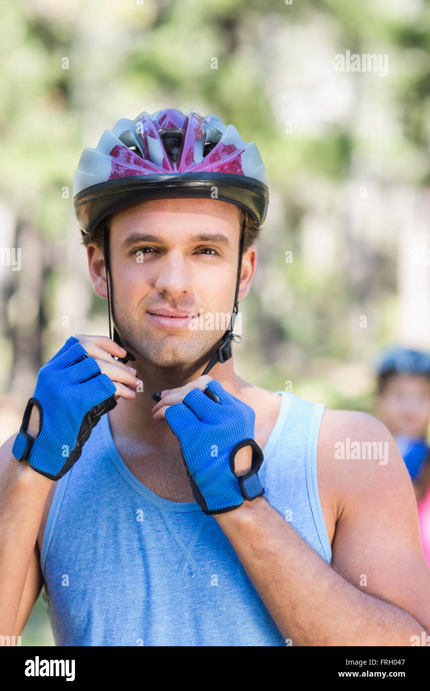 Portrait of young man wearing helmet Stock Photo