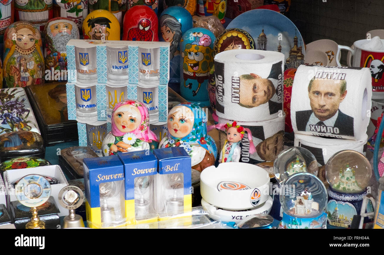 Market stall in Kiev, Ukraine selling souvenirs including Vladimir Putin toilet roll. Stock Photo