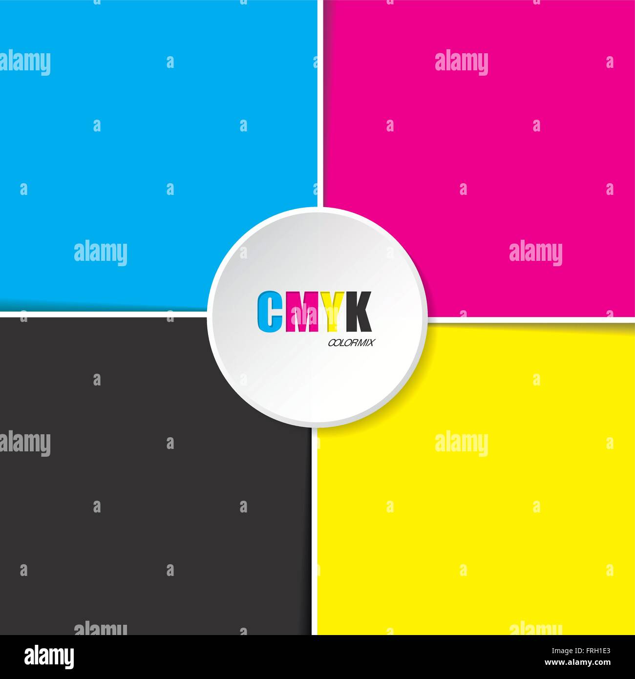 Abstract cmyk background with white stripes and 3d button in middle ...