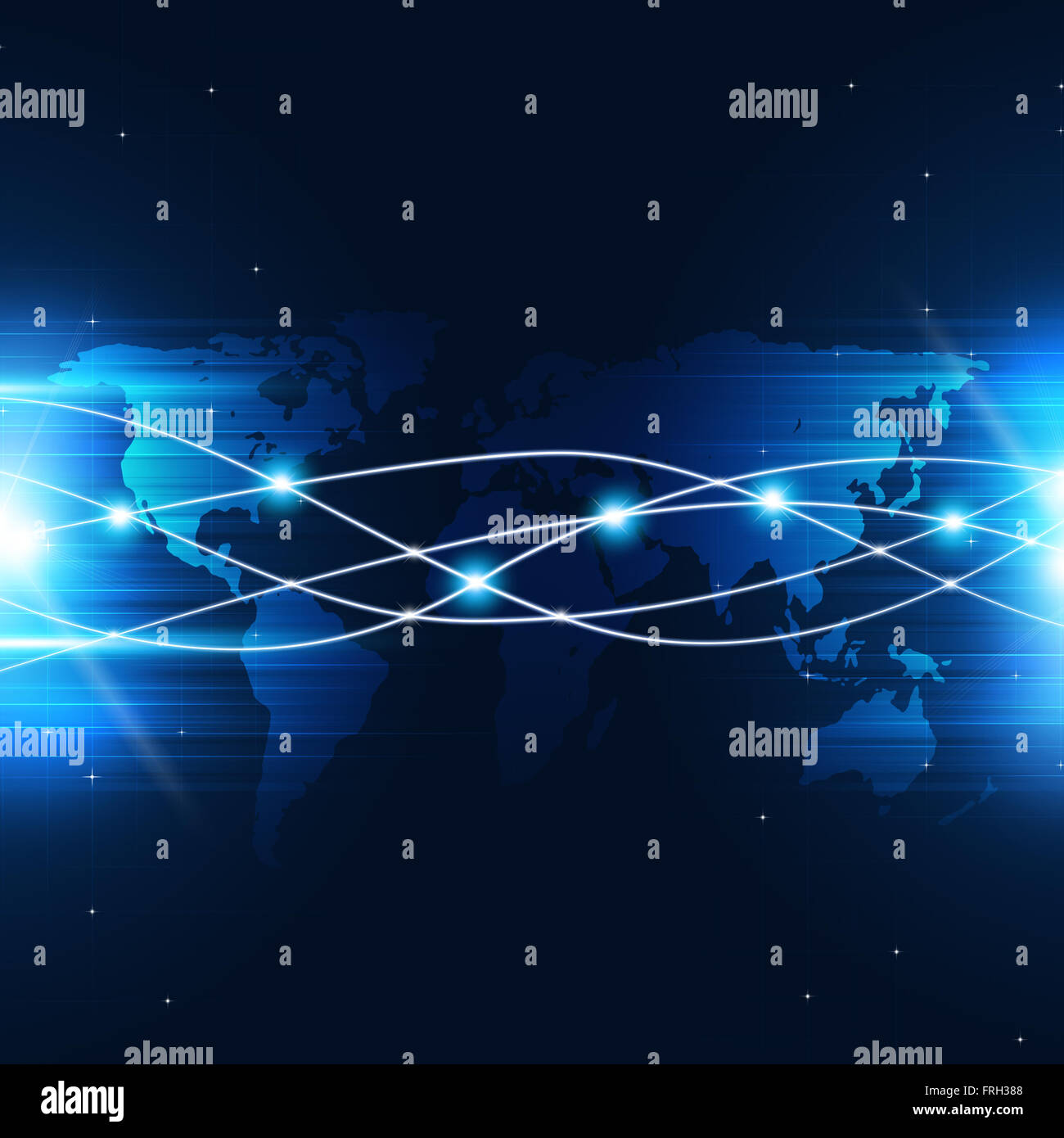 abstract technology global network connections on blue world map Stock ...
