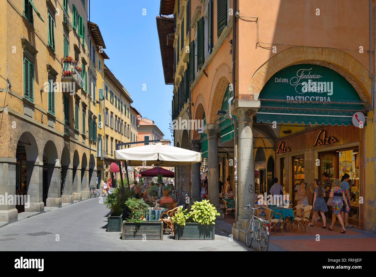 Alfresco restaurants and Portico's, (covered walkways), Stock Photo