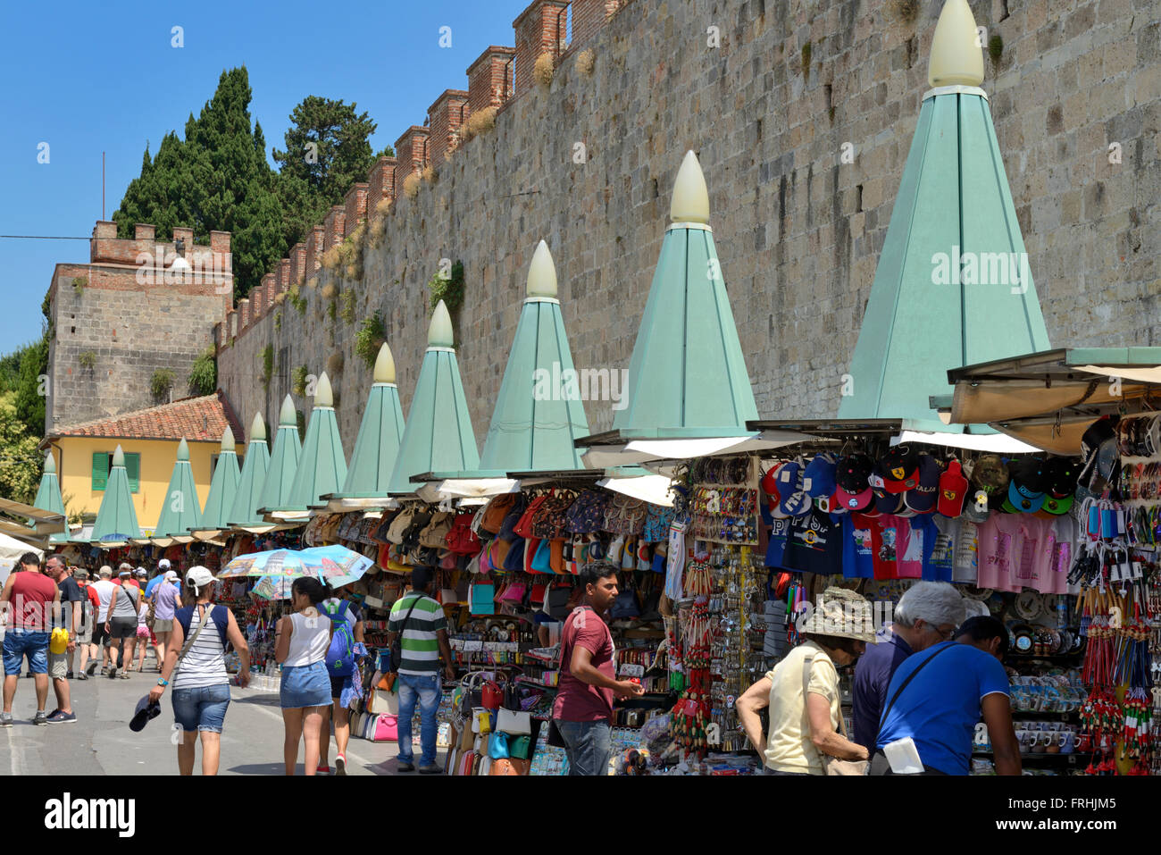 Market stalls beneath the city walls, Via Giosuè Carducci,,Pisa, Toscana, Tuscany, Italy, Europe Stock Photo