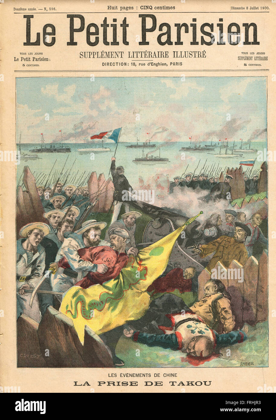 French capturing the port of Takou China 1900.  French illustrated newspaper Le Petit Parisien illustration Stock Photo
